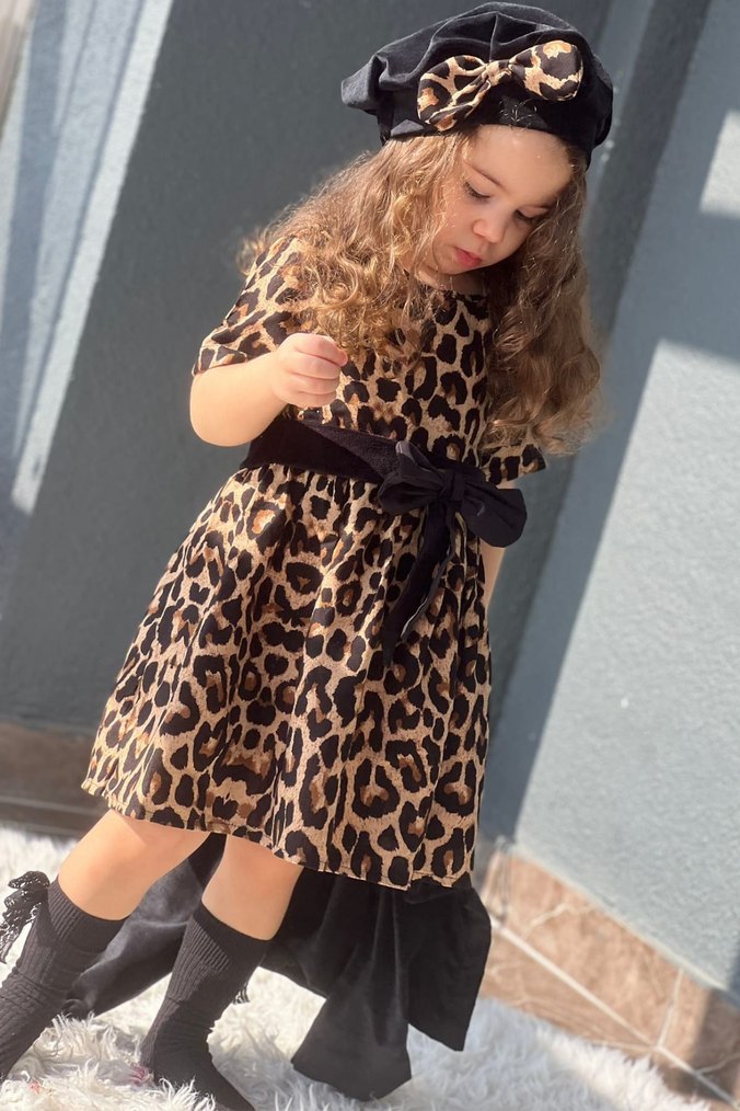 Kız Çocuk Ceketli Bereli Beli Fiyonklu Leopar Elbise - Görsel 2