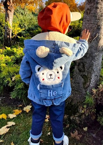 Ayıcık Nakışlı İçi Kürklü Çocuk Kot Mont - Görsel 3