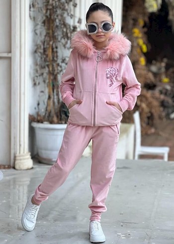 Kızlar için Pembe Kapüşonlu Peluş Detaylı Kadife Eşofman Takımı - Görsel 2