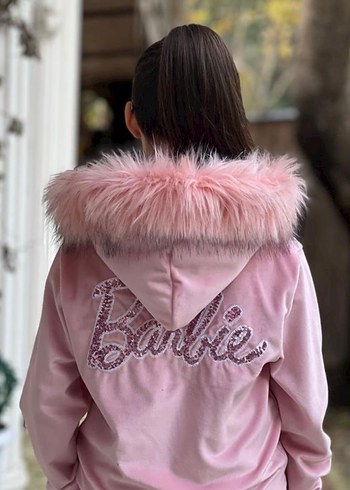 Kızlar için Pembe Kapüşonlu Peluş Detaylı Kadife Eşofman Takımı - Görsel 4