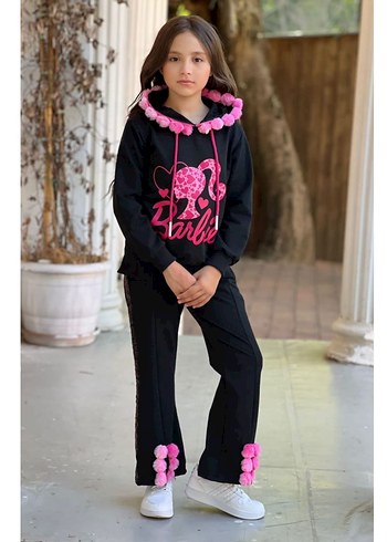 Kız Çocuk Siyah Kapüşonlu Barbie Baskılı Ponponlu Eşofman Takımı - Görsel 2