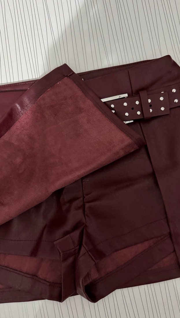 Bordo Deri Kemerli Mini Etek - Görsel 2