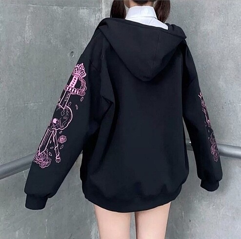 Urban Outfitters Harajuku Kawaii Pastel Gothic Siyah (Unisex) Fermuarlı Kapşonlu