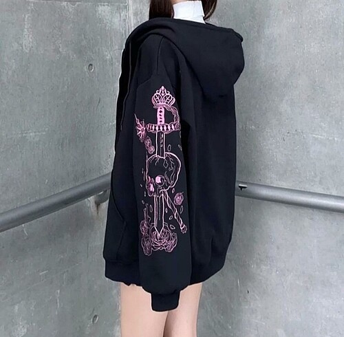 l Beden Harajuku Kawaii Pastel Gothic Siyah (Unisex) Fermuarlı Kapşonlu