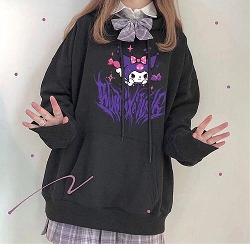 xl Beden siyah Renk Anime Kuromi Unisex Kapşonlu Sweatshirt