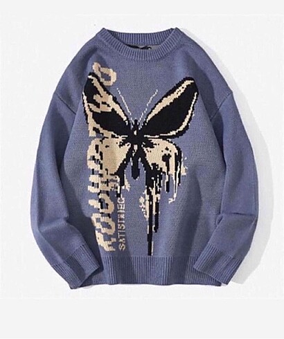 Harajuku Butterfly Mavi Unisex Oversize Kazak
