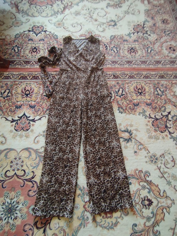 Kahverengi leoparDesenli Kemerli Kadın Tulum etiket yok - Görsel 2