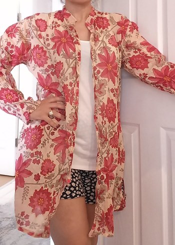 Diğer Pembe Çiçekli Bohem Uzun Kollu Kimono