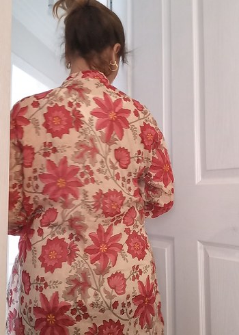 l Beden pembe Renk Pembe Çiçekli Bohem Uzun Kollu Kimono