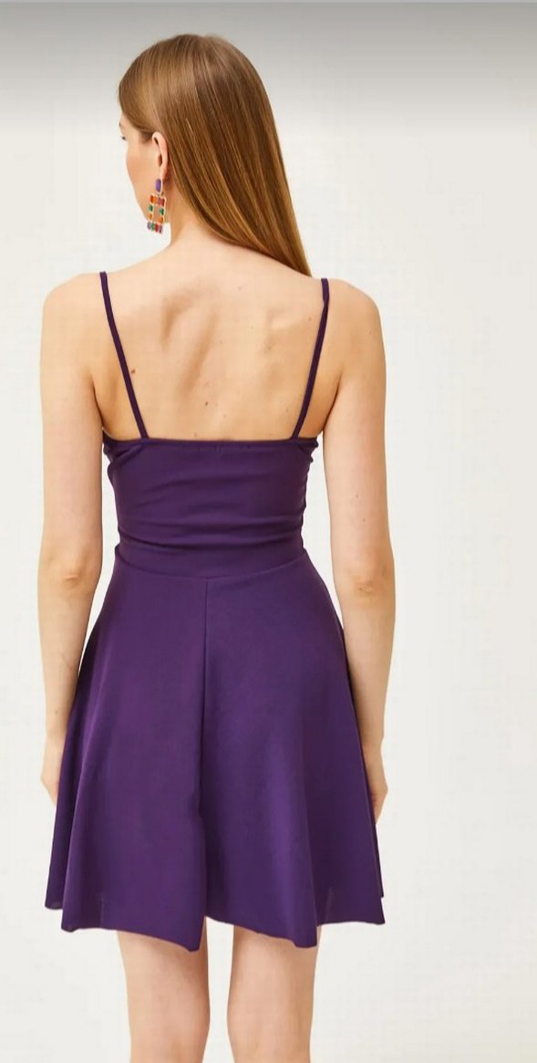 Kadın Mor Mini V Yaka Drapeli Elbise - Görsel 2