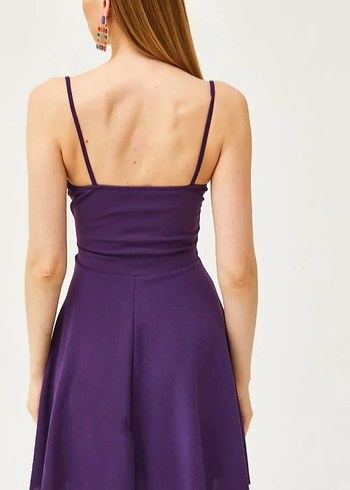 Mor V Yaka Askılı Mini Elbise - Görsel 2