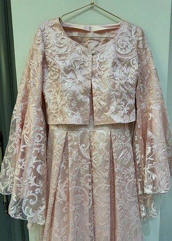 Pembe Nakışlı Dantelli Uzun Abiye Elbise - Görsel 4