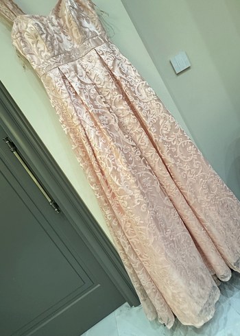 Pembe Nakışlı Dantelli Uzun Abiye Elbise - Görsel 5