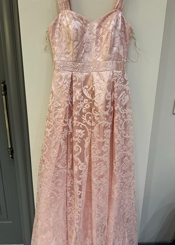 Pembe Nakışlı Dantelli Uzun Abiye Elbise - Görsel 2