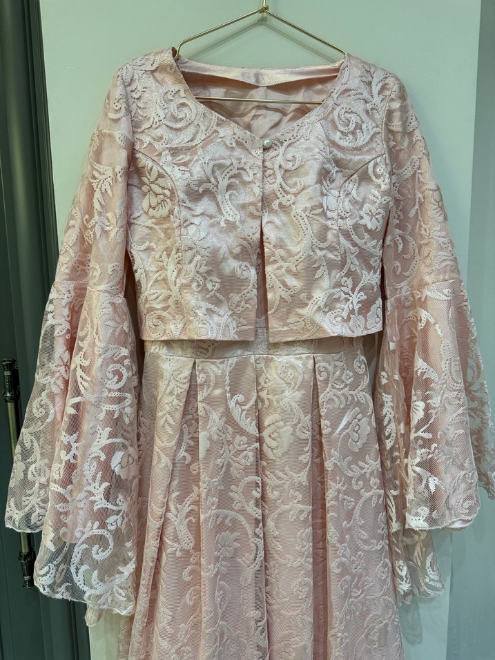 Pembe Nakışlı Dantelli Uzun Abiye Elbise - Görsel 4