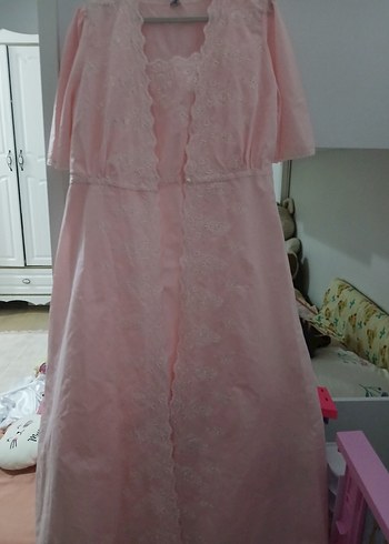 Nakışlı Pembe Vintage Uzun Kadın Sabahlık - Görsel 4
