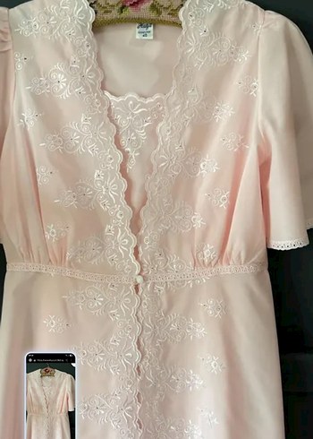 Nakışlı Pembe Vintage Uzun Kadın Sabahlık - Görsel 2