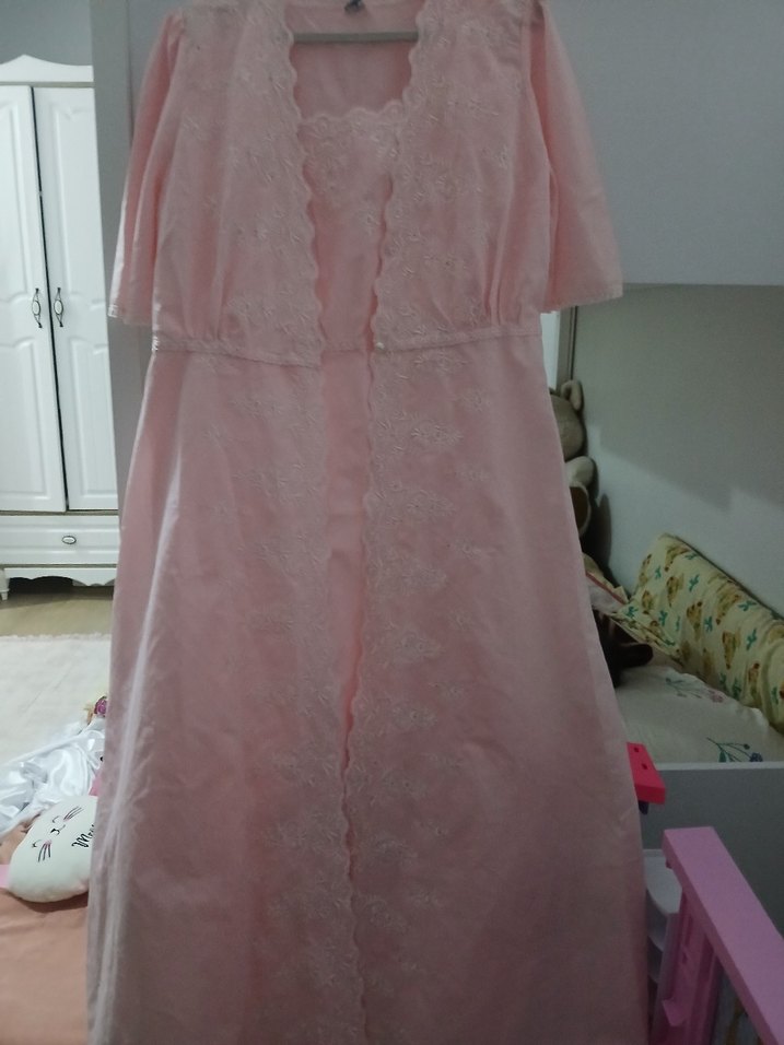 Nakışlı Pembe Vintage Uzun Kadın Sabahlık - Görsel 4