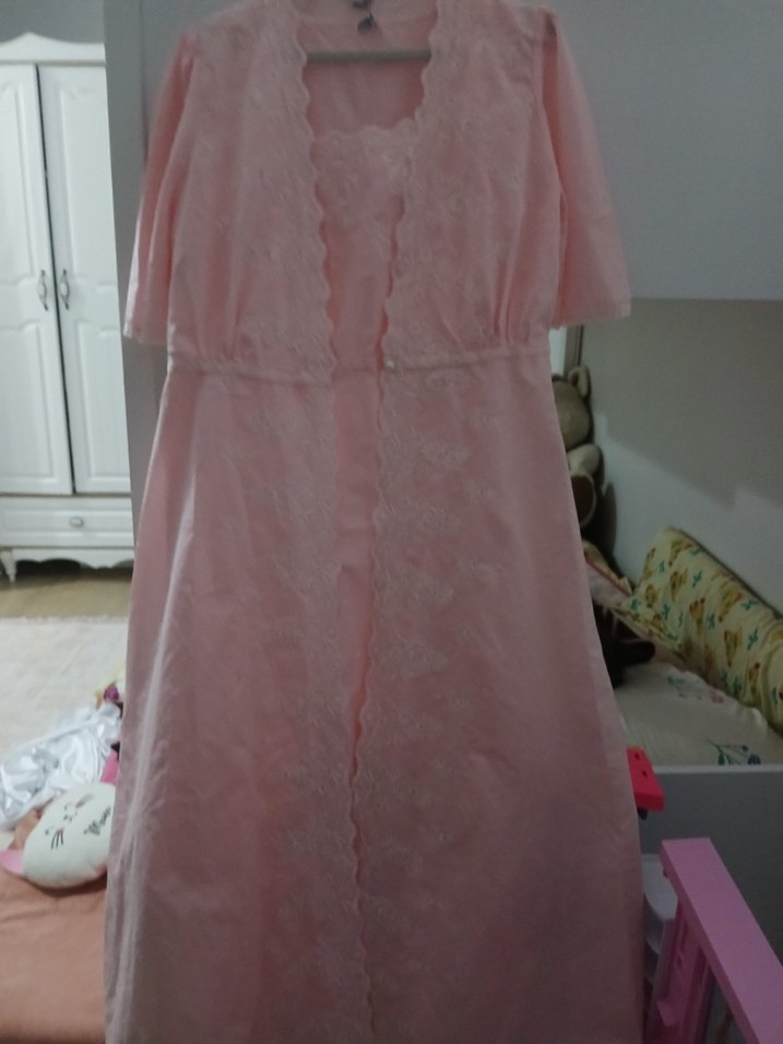 Nakışlı Pembe Vintage Uzun Kadın Sabahlık - Görsel 3
