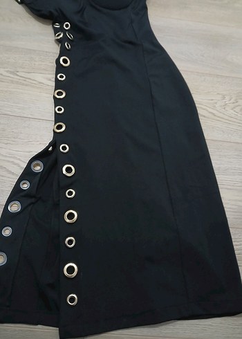 Siyah Düğmeli V Yaka Uzun Abiye Elbise - Görsel 7