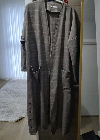 Düğmeli Gri Uzun Keten Kadın Kaban - Görsel 2