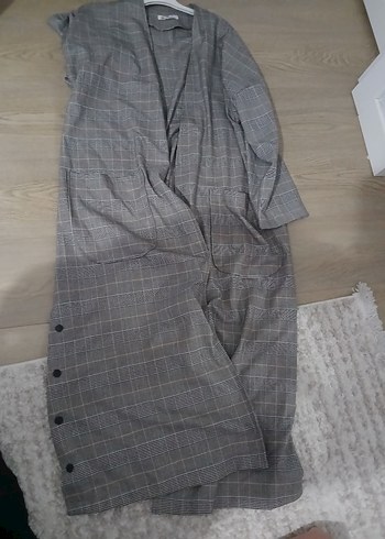 Düğmeli Gri Uzun Keten Kadın Kaban - Görsel 3