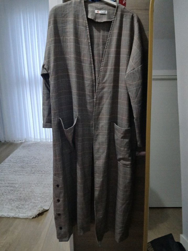 Düğmeli Gri Uzun Keten Kadın Kaban - Görsel 2