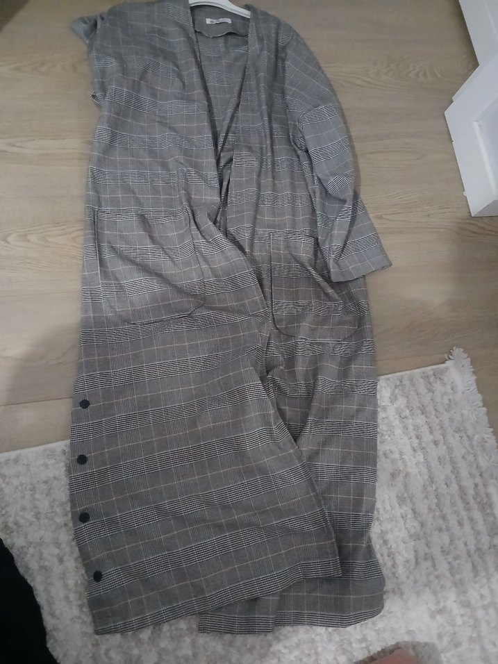 Düğmeli Gri Uzun Keten Kadın Kaban - Görsel 3