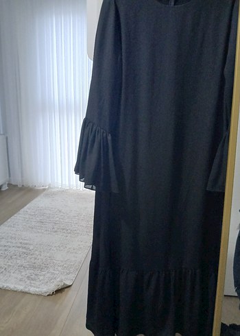 Siyah Uzun Kollu Fırfırlı Uzun Elbise - Görsel 6