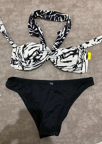 Zebra Desenli Siyah Strappy Bikini
