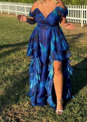 Mavi Batik Desenli Uzun Bohem Abiye Elbise - Görsel 2