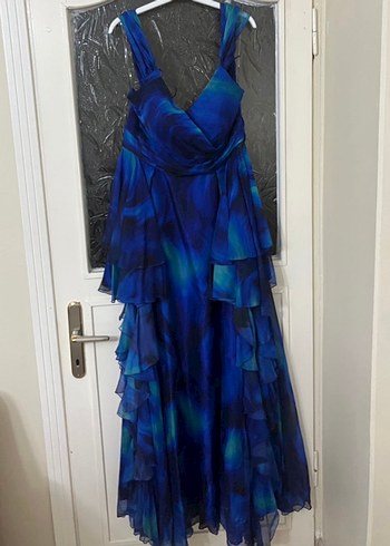 Mavi Batik Desenli Uzun Bohem Abiye Elbise - Görsel 4