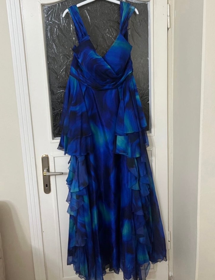 Mavi Batik Desenli Uzun Bohem Abiye Elbise - Görsel 4