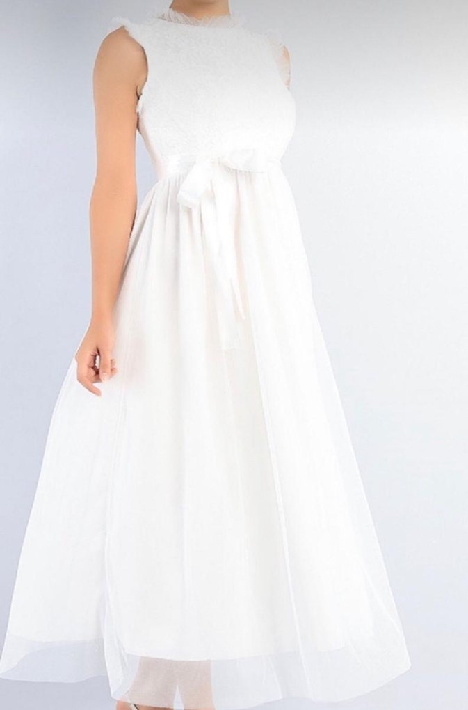 Yüksek Yakalı Midi Beyaz Bohem Gelinlik - Görsel 3