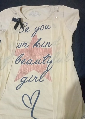 Kız Çocuk Beyaz Baskılı Kemerli Tişört - Görsel 4