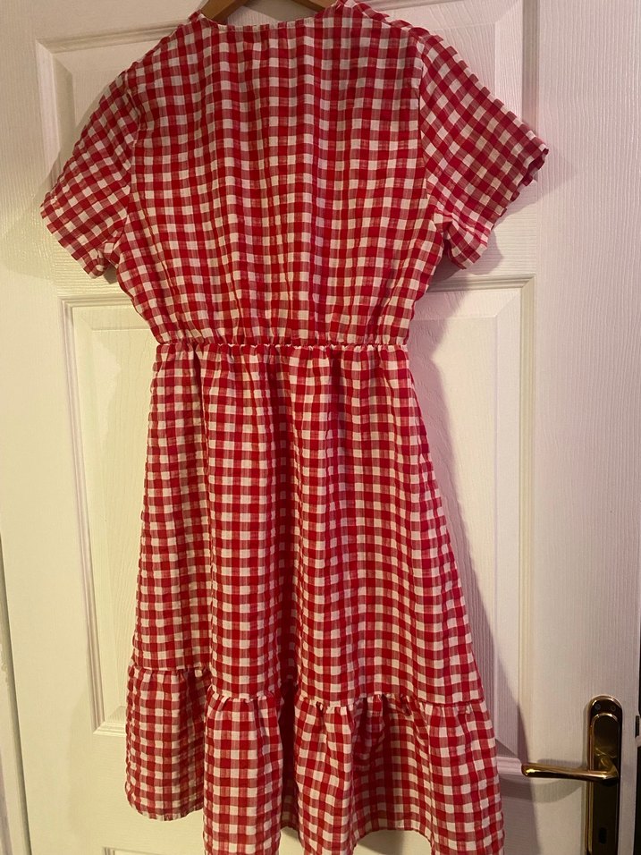 Kırmızı Ekose Düğmeli Midi Bohem Elbise - Görsel 5