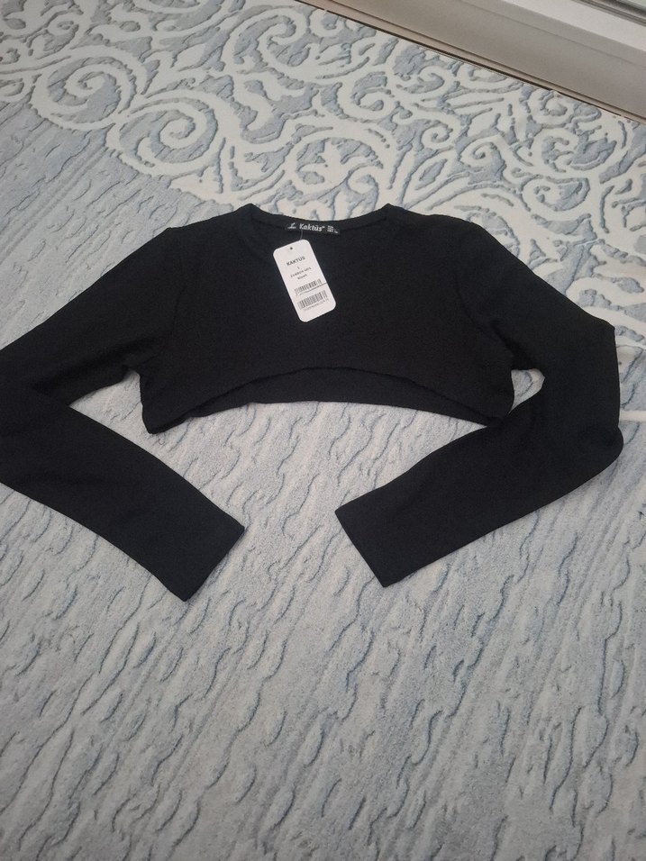 Siyah Fitilli Uzun Kollu Crop Kazak - Görsel 4