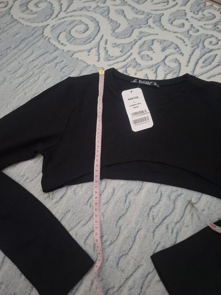 Siyah Fitilli Uzun Kollu Crop Kazak - Görsel 5