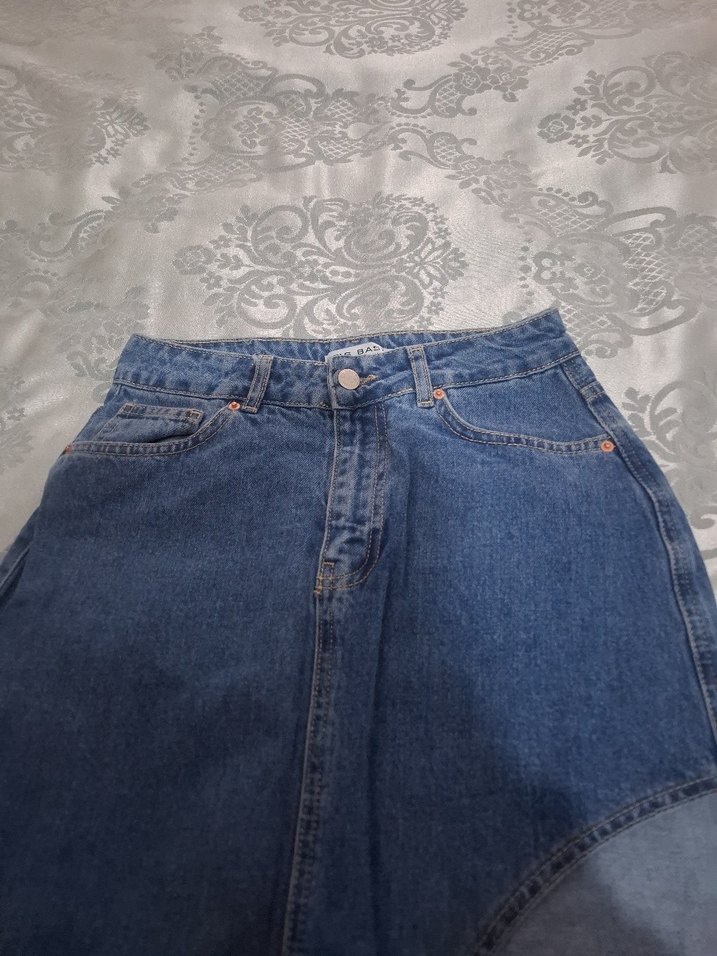 Yırtmaç Detaylı Uzun Mavi Denim Etek - Görsel 4