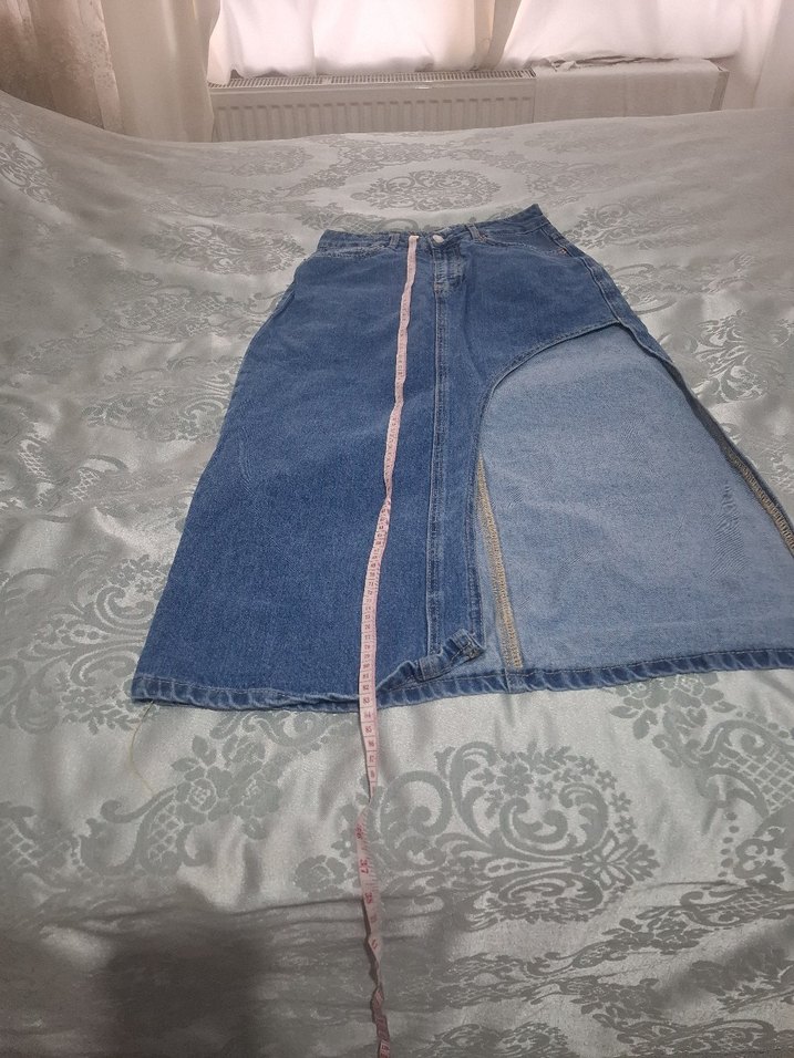 Yırtmaç Detaylı Uzun Mavi Denim Etek - Görsel 3