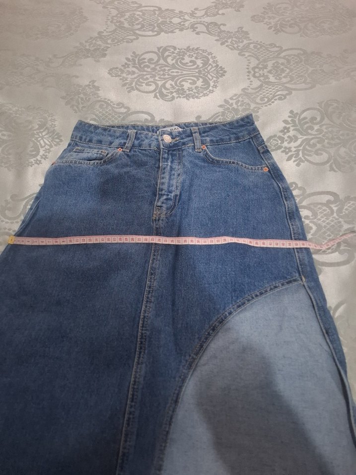 Yırtmaç Detaylı Uzun Mavi Denim Etek - Görsel 2