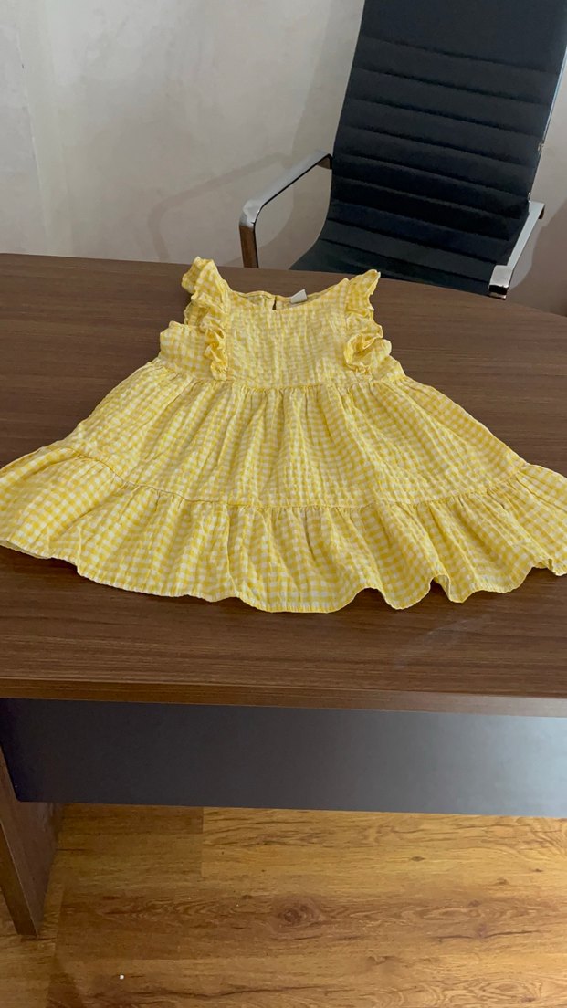 Kız Çocuk Sarı Fırfırlı Kareli Elbise - Görsel 3