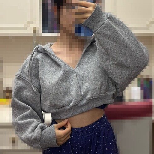 xs Beden gri Renk içi polarlı kapüşonlu v yaka crop sweatshirt