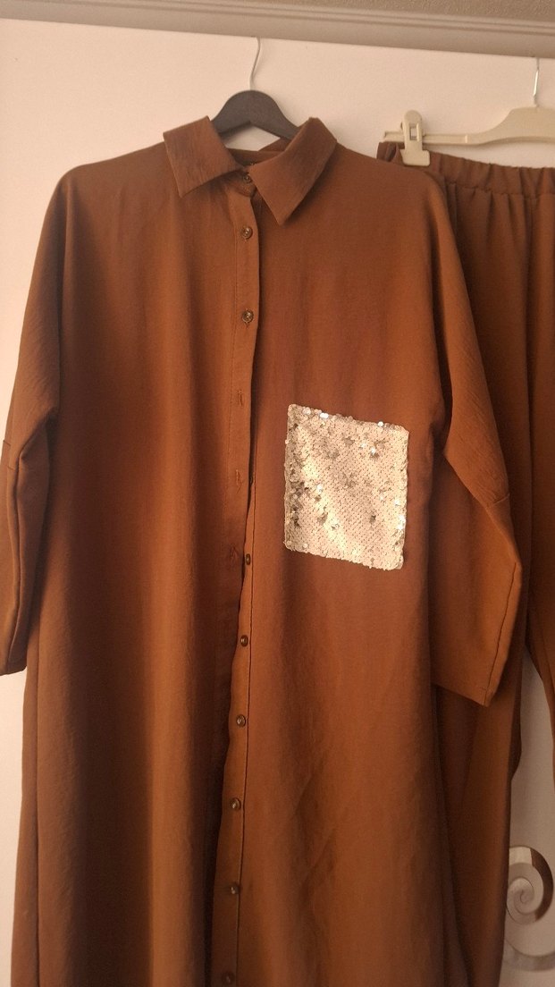 Düğmeli Uzun Kahverengi ikili takım - Görsel 2