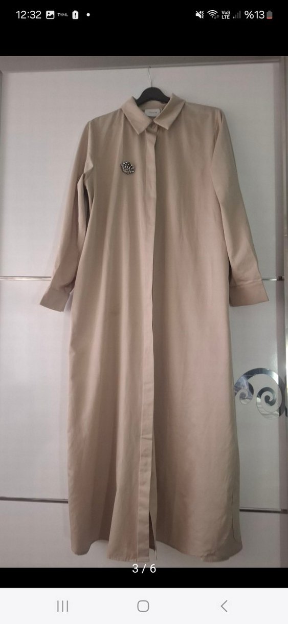 Bej Uzun Kollu Kemerli Uzun Elbise - Görsel 3