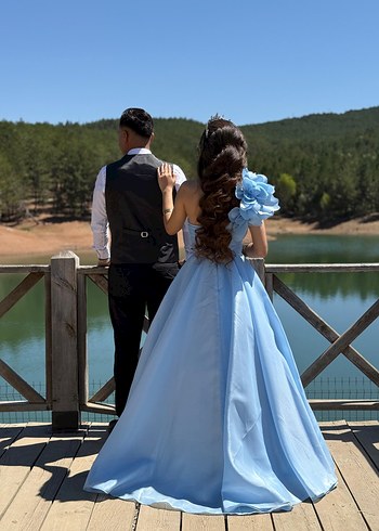 Diğer Mavi Drapeli Straplez Uzun Nişan Elbisesi