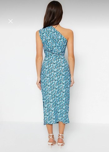 Mavi Bağlama Desenli Midi Boy Elbise - Görsel 3