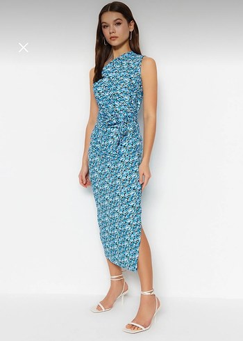 Mavi Bağlama Desenli Midi Boy Elbise - Görsel 2