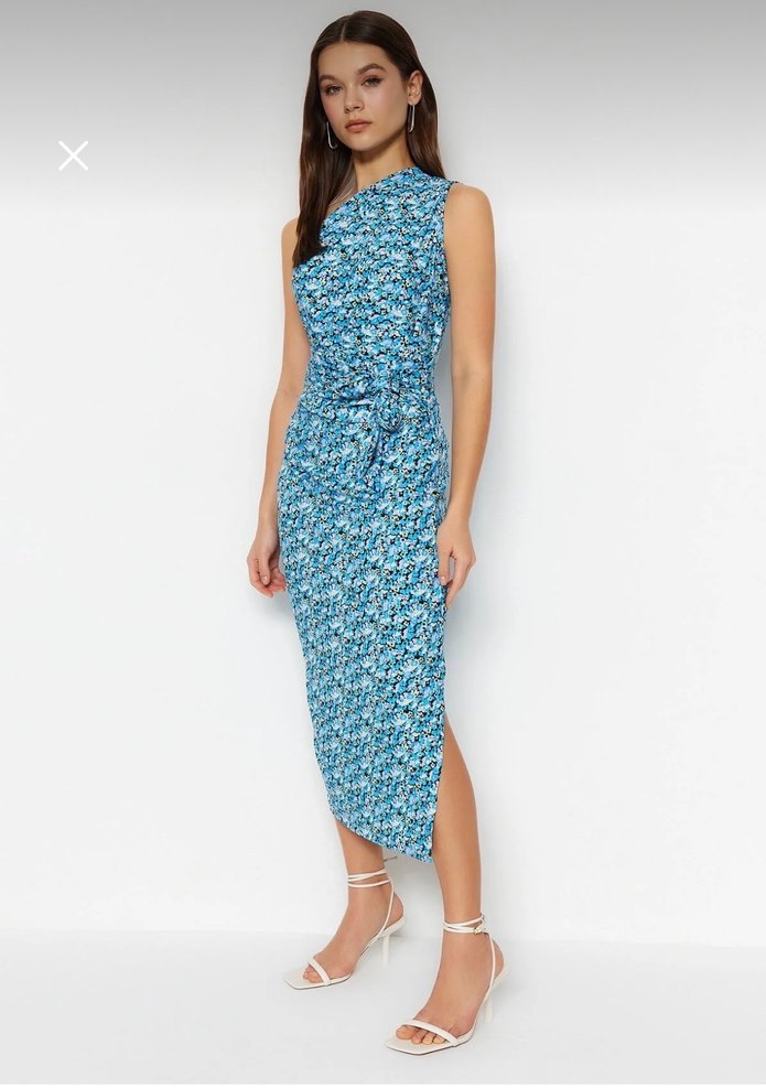 Mavi Bağlama Desenli Midi Boy Elbise - Görsel 2