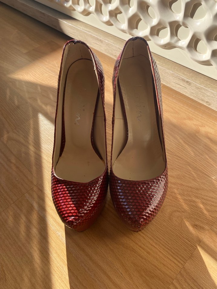 Kırmızı Yılan Derisi Platform Topuklu Kadın Ayakkabı - Görsel 3